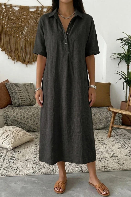Casual Straight Fit Comfortable Linen Short Sleeve Polo Neck Dress for Women 