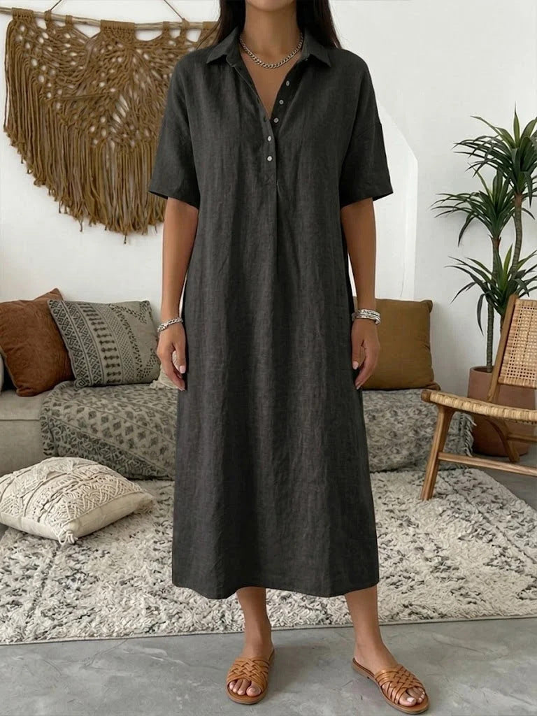 Casual Straight Fit Comfortable Linen Short Sleeve Polo Neck Dress for Women 