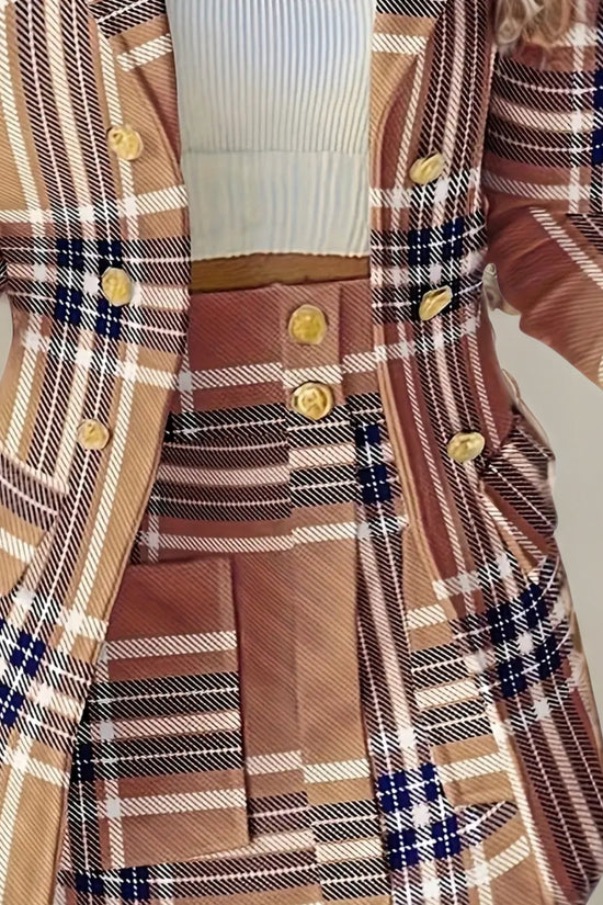 Women's Elegant Set, Double Breasted Long Sleeved Plaid Lapel Jacket&plaid Skirt With Pockets, Double Breasted Closure, Perfect For Work And Formal Occasions - Ideal Gift For Women CJ US