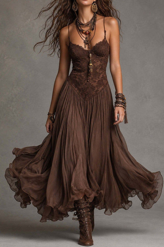 Chiffon Printed Strap Fitted Long Dress, Vintage Flowy Maxi Dress 