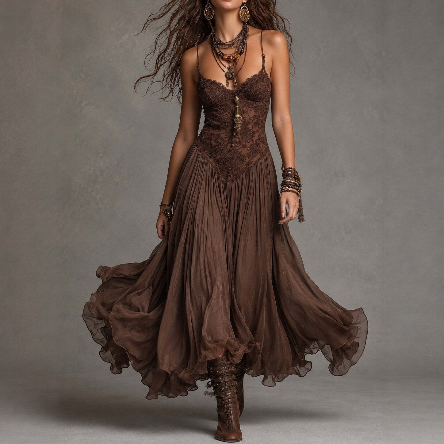 Chiffon Printed Strap Fitted Long Dress, Vintage Flowy Maxi Dress 