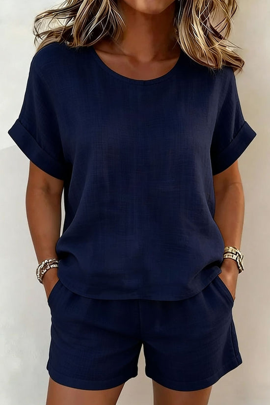 Solid-color Casual Round-neck Short-sleeve Shorts Two-piece Set 