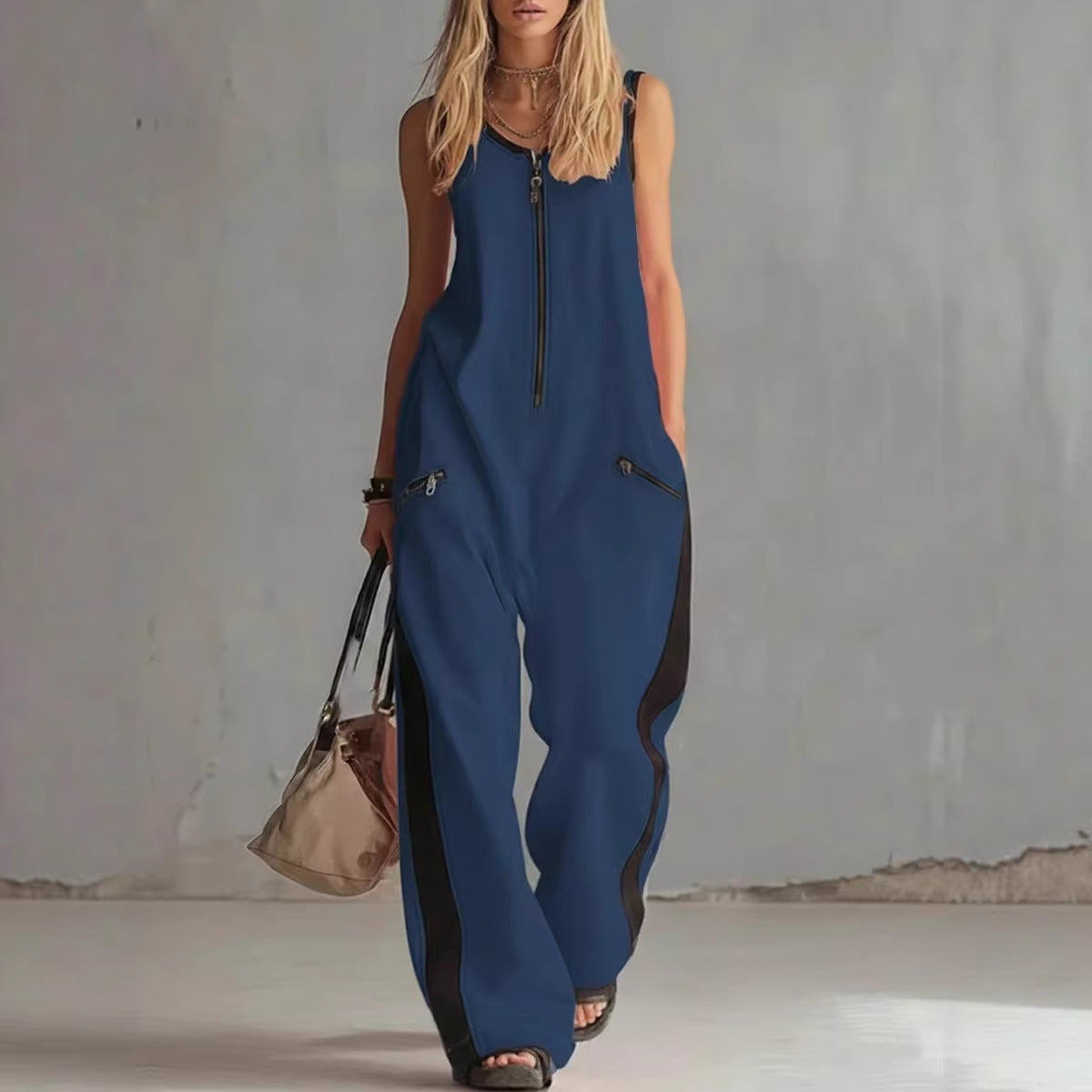 Zip-up Crewneck Sleeveless Casual Cotton Wide-leg Jumpsuit 