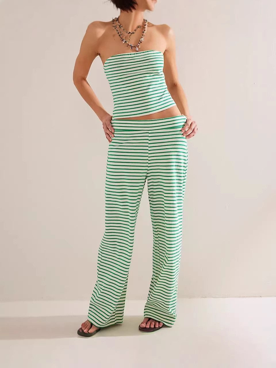 Printed Striped Tube Top And Pants Set 