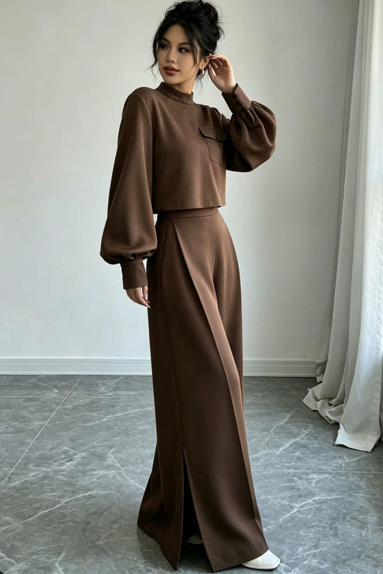 Solid color wide leg pants set for women 