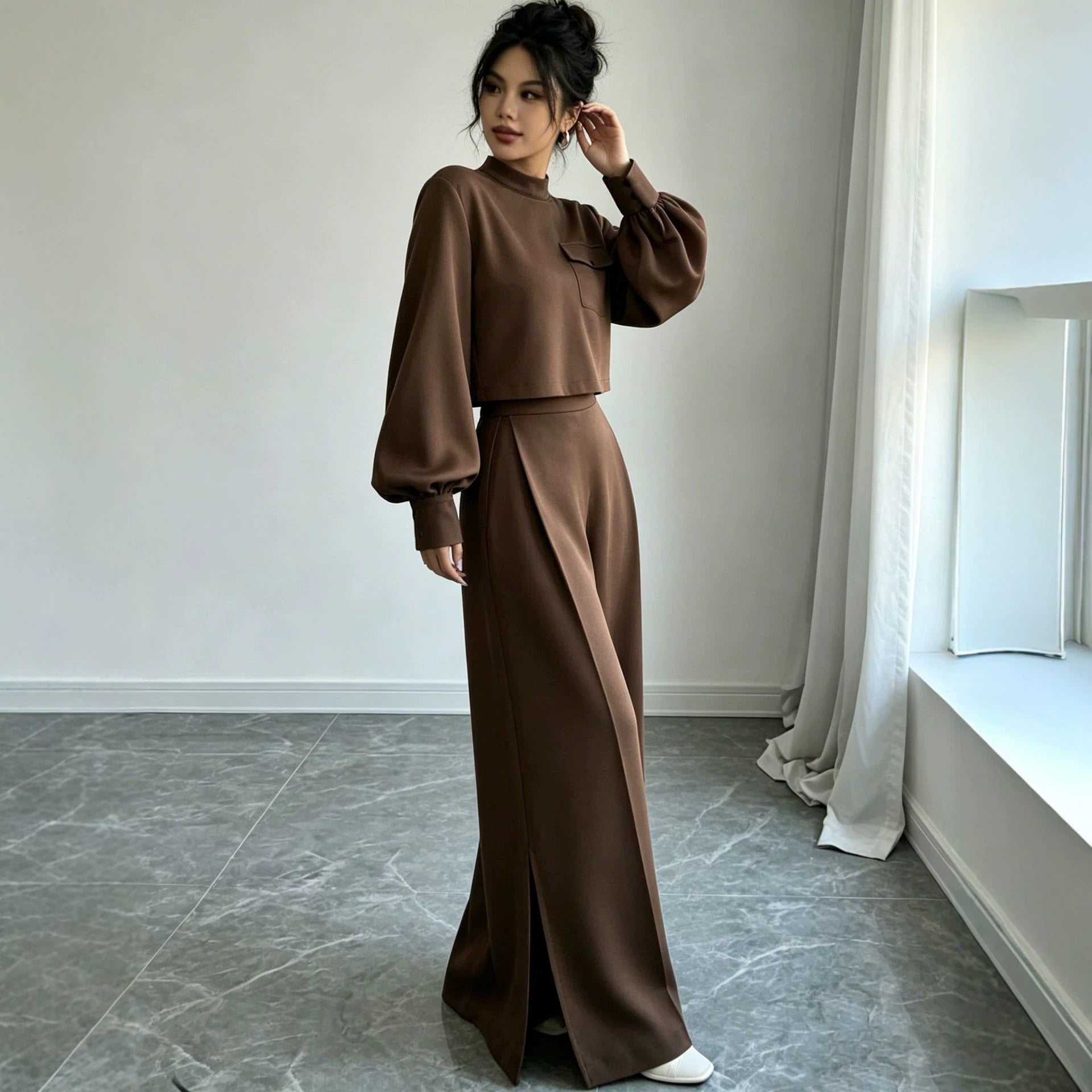 Solid color wide leg pants set for women 