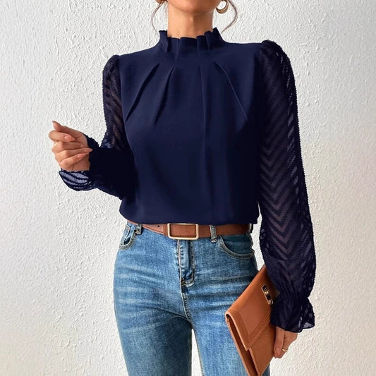 Autumn Winter New Women's High Neck Spliced Wave Pattern Chiffon Long Sleeve Top 