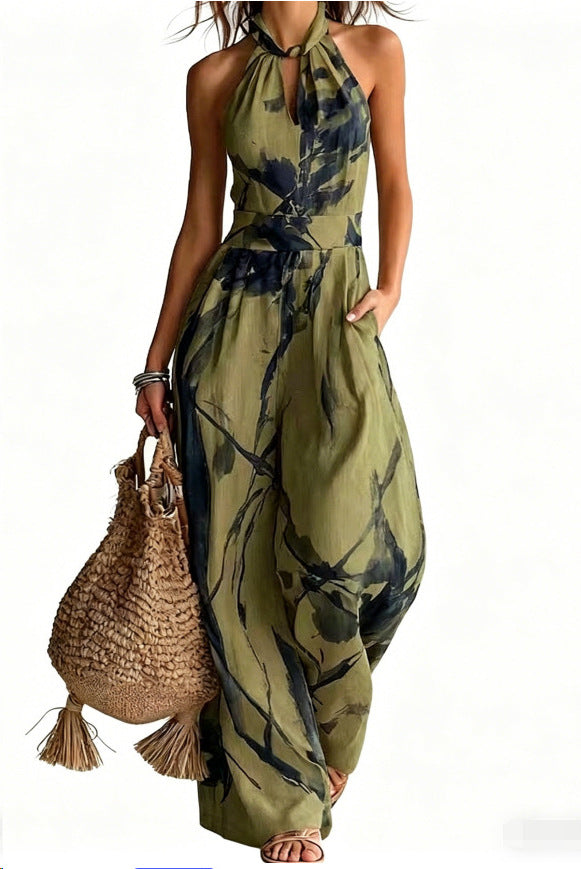 New halter backless jumpsuit, blue and white tie-dye wide-leg pants, summer beach women's wear 