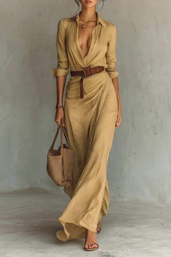 Women Autumn Elegant Sexy Solid Color Irregular Ruffle Dress With Belt 