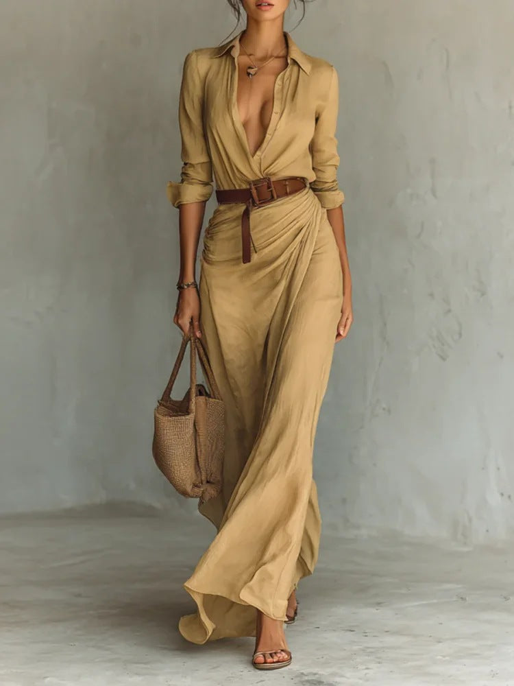 Women Autumn Elegant Sexy Solid Color Irregular Ruffle Dress With Belt 