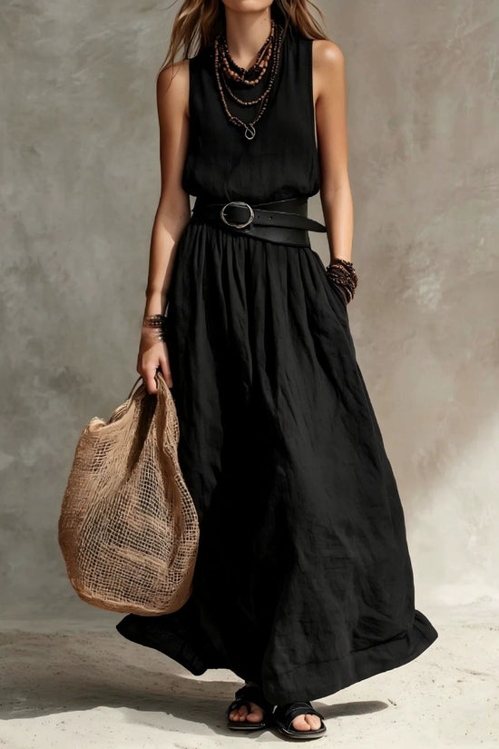 Turn-down Collar Long Sleeveless Dress 