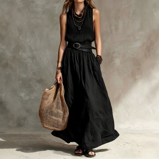 Turn-down Collar Long Sleeveless Dress 