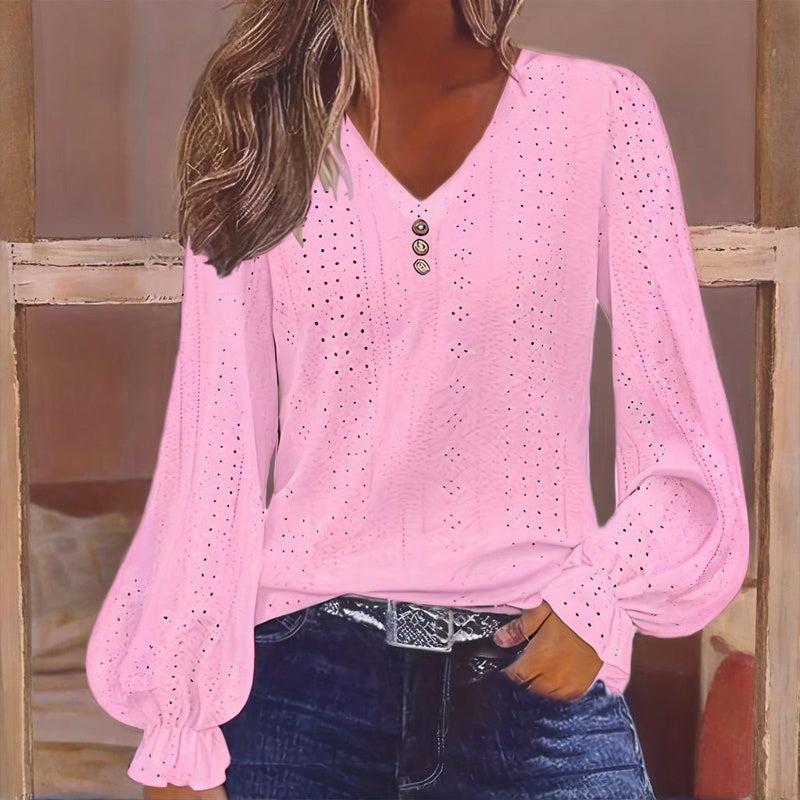 Plus Size Women's V-Neck Solid Top With Button Lantern Sleeves Hollow Out Detail Blouse For Spring&Fall CJ US
