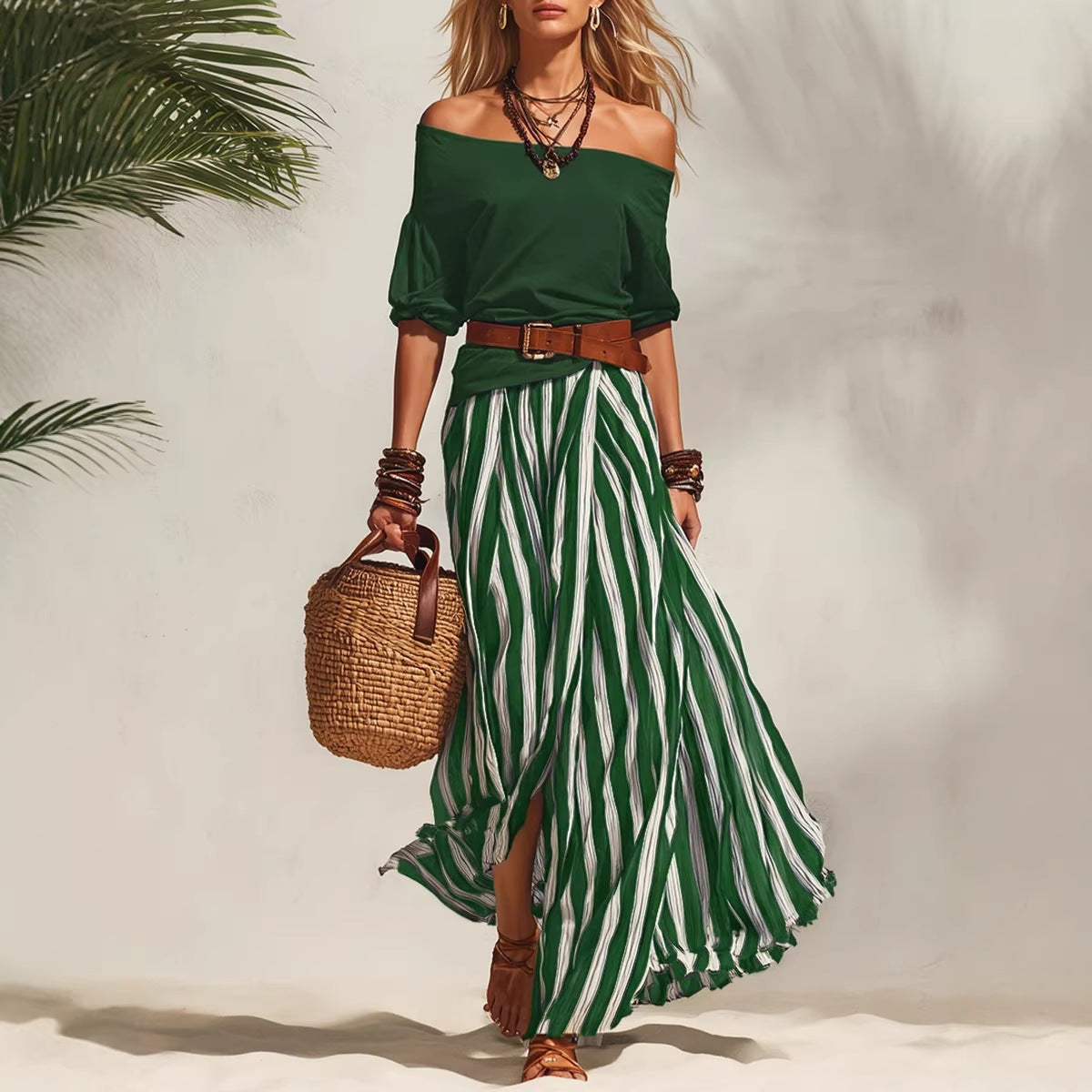 Off-shoulder Top And Slit Skirt Womens Set 