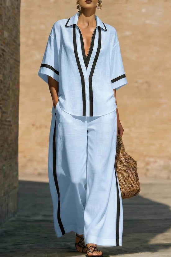 Fashionable Loose Casual Color-Block Short-Sleeve Shirt And Wide-Leg Pants Two-Piece Set 