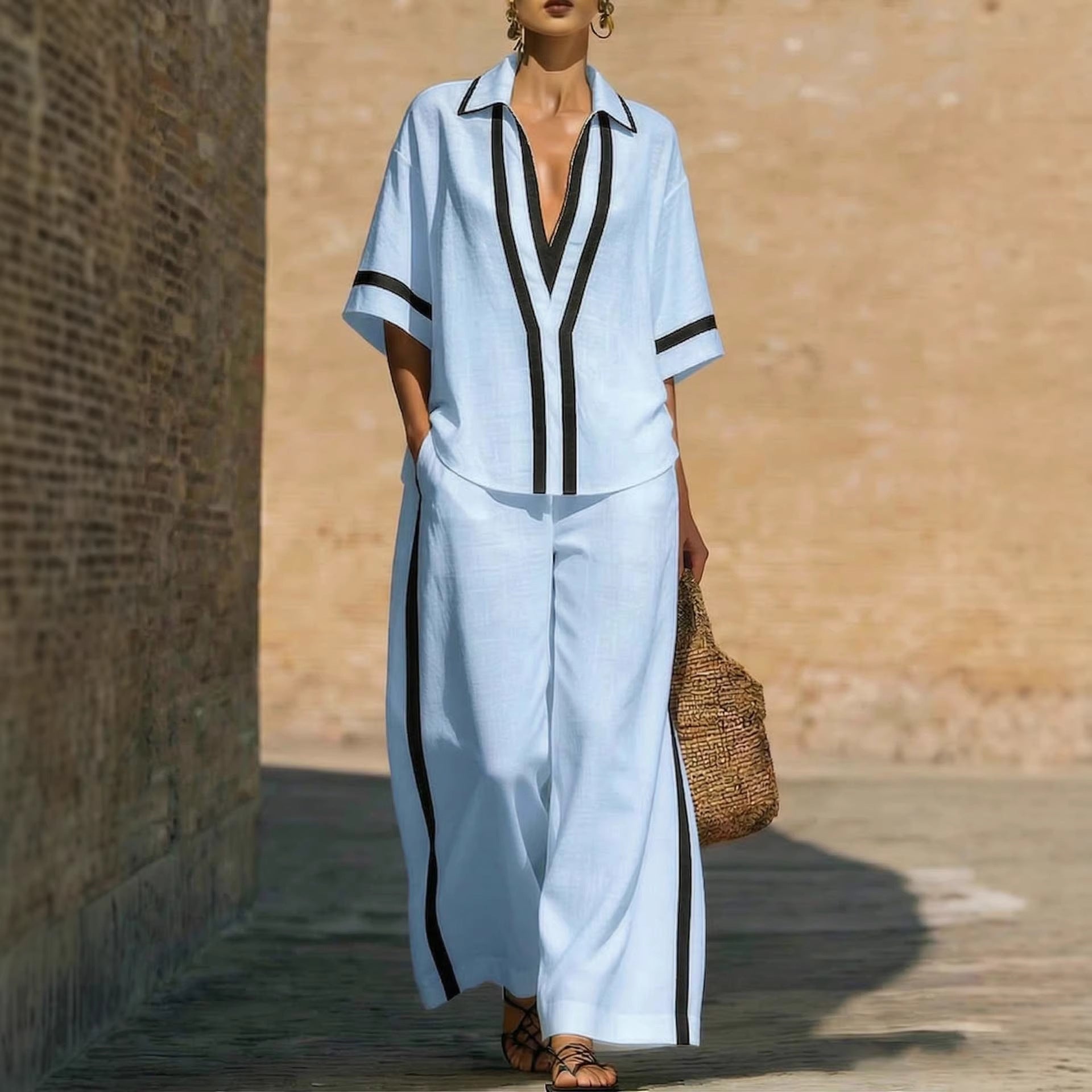 Fashionable Loose Casual Color-Block Short-Sleeve Shirt And Wide-Leg Pants Two-Piece Set 