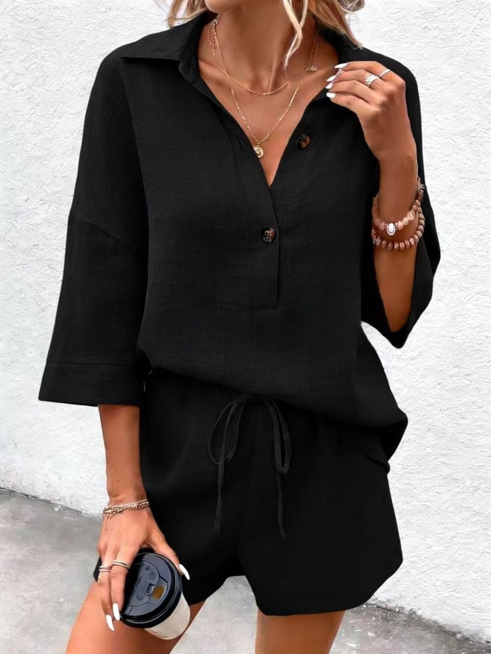 Notch-lapel Short-sleeve Belted Shorts Casual Set 