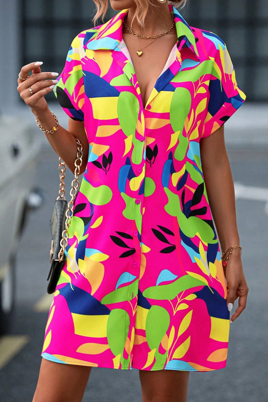 Summer New Fashion Colorful Floral Printed Open Front Short Sleeve Shirt Dress 