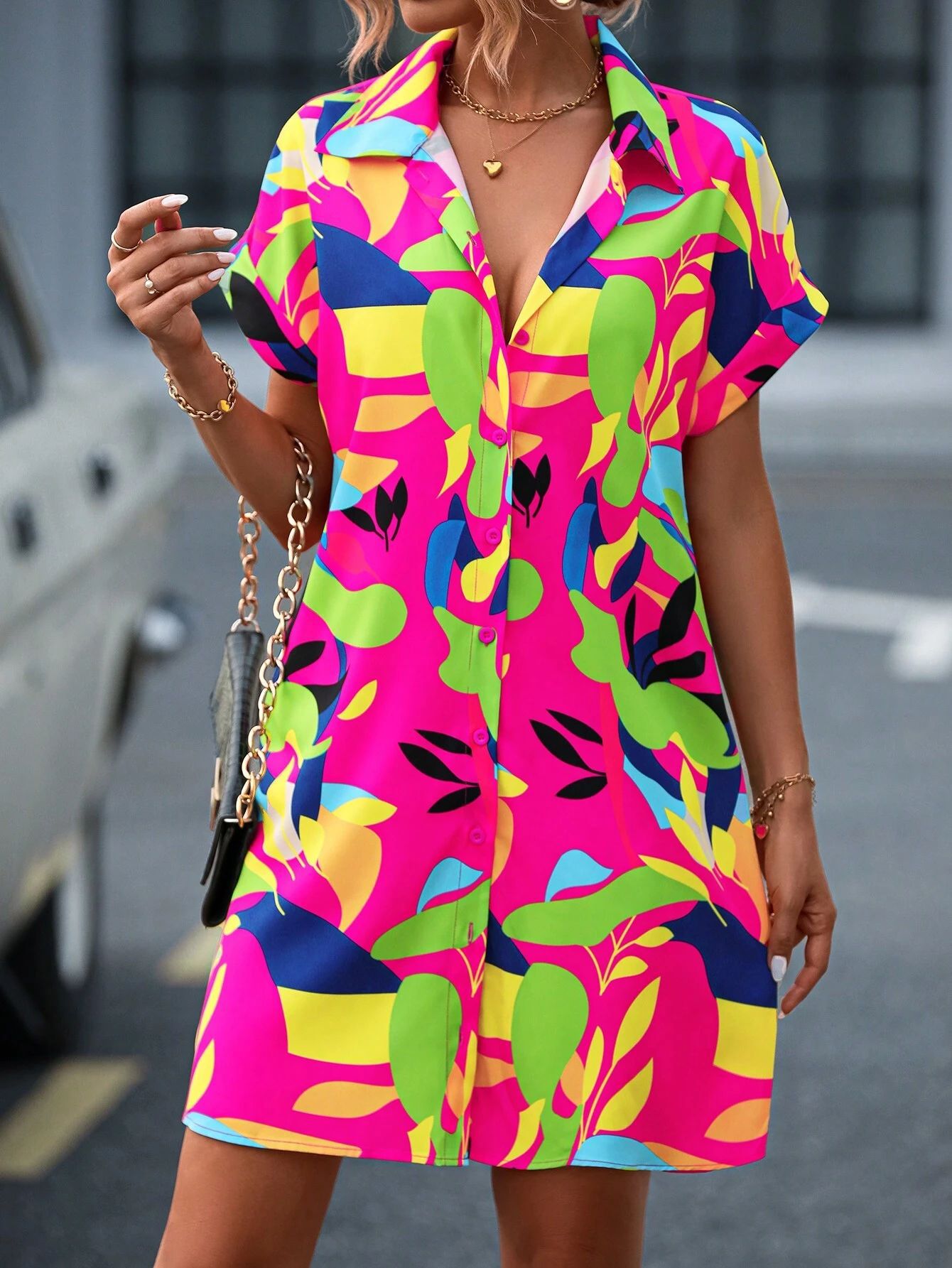 Summer New Fashion Colorful Floral Printed Open Front Short Sleeve Shirt Dress 