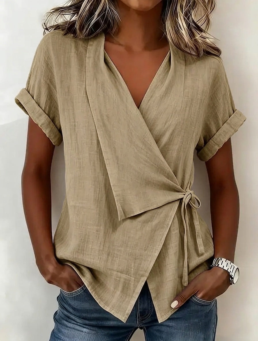 Women's Casual Lapel Collar Lace-Up Short-Sleeve Top 