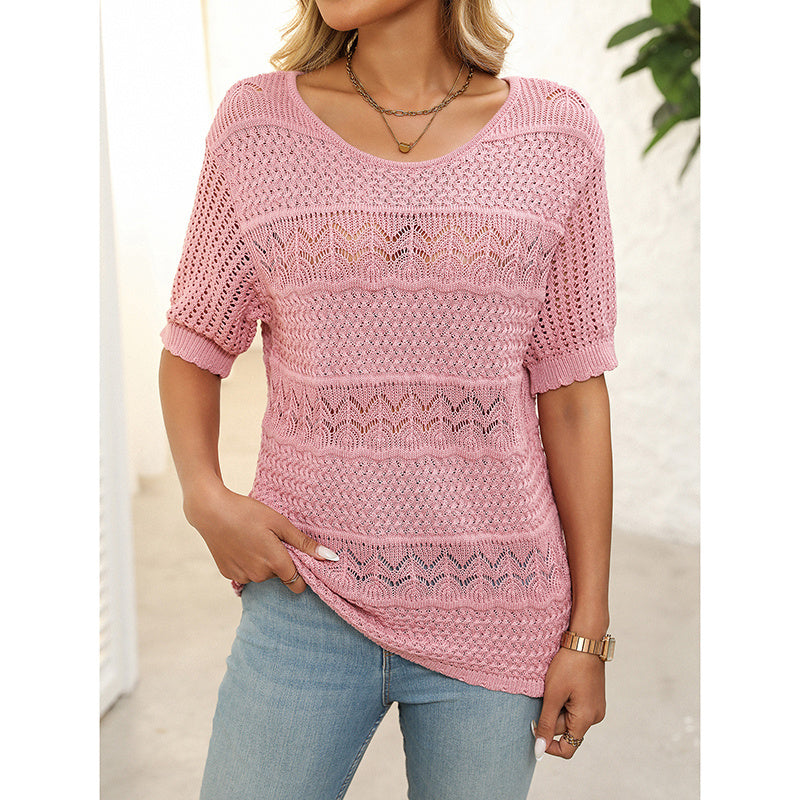 Women's Short Sleeve Sweater Tops Casual Crew Neck Crochet Knit Trendy Hollow Out Blouse T Shirts CJ US