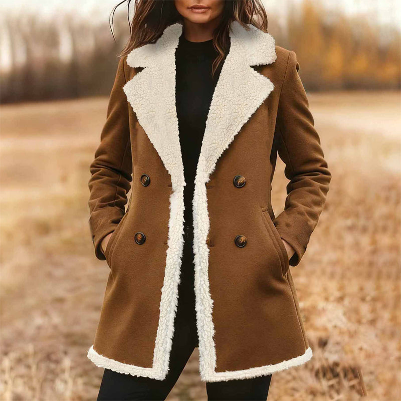 Women's Suede-Look Trench Coat, Classic Notch Lapel Double-Breasted Jacket With Pockets And Plush Lining 