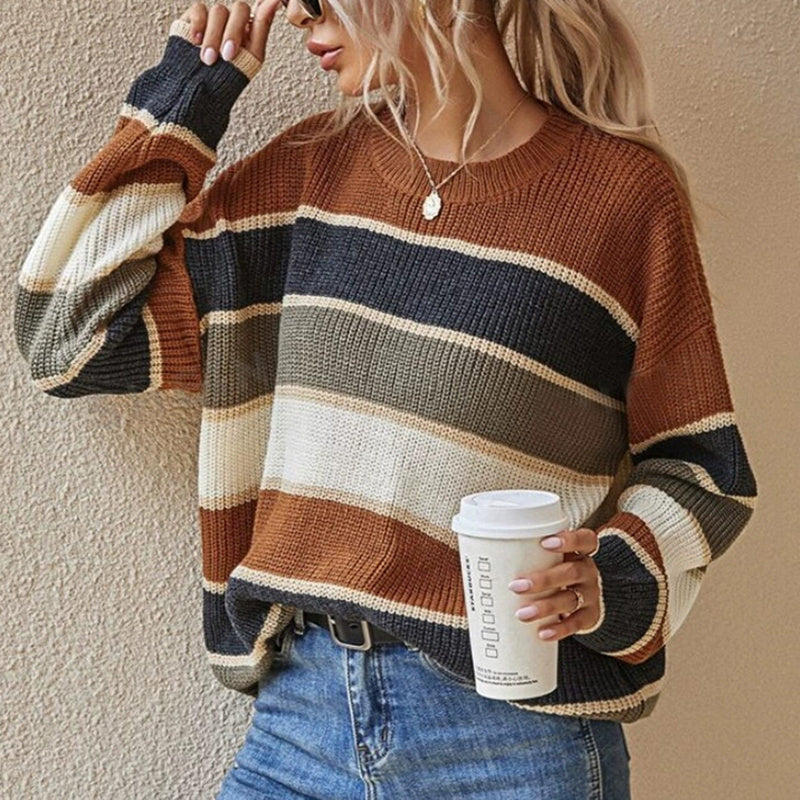 Women's 2025 Striped Color Block Sweater, Cute Crewneck Pullover Top, Fall Winter Fashion Knitwear CJ US