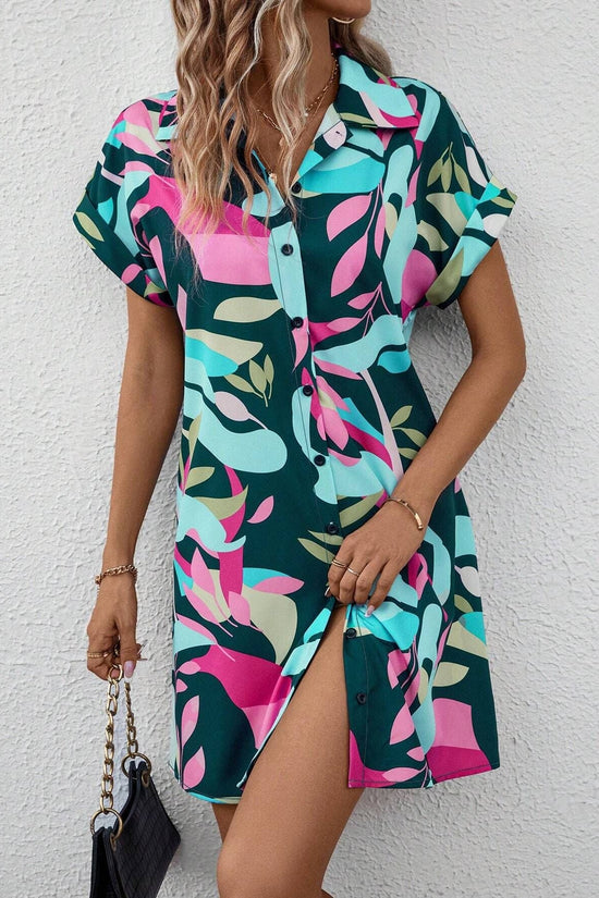 Summer New Fashion Colorful Floral Printed Open Front Short Sleeve Shirt Dress 