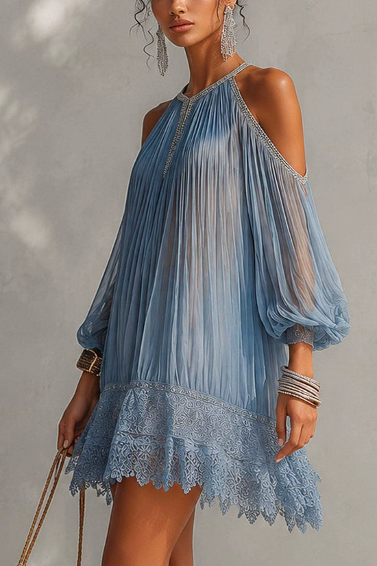 Flared Chiffon Dress with Ruffles and Lace Hem, Loose Fit with Bubble Sleeves, Vacation Beach Skirt 