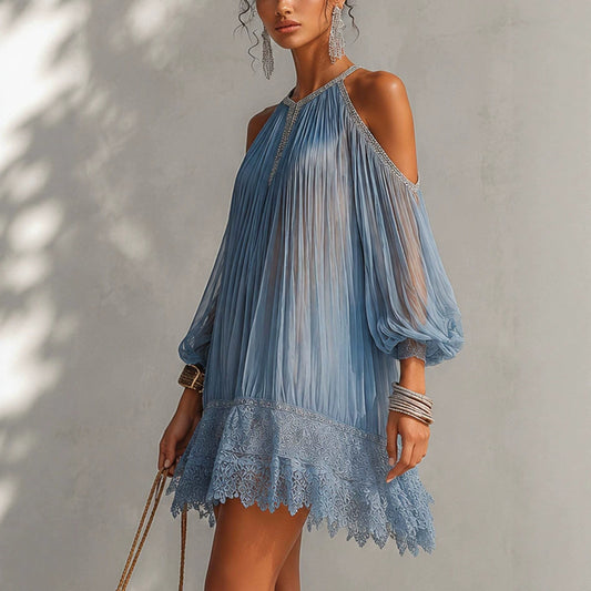 Flared Chiffon Dress with Ruffles and Lace Hem, Loose Fit with Bubble Sleeves, Vacation Beach Skirt 