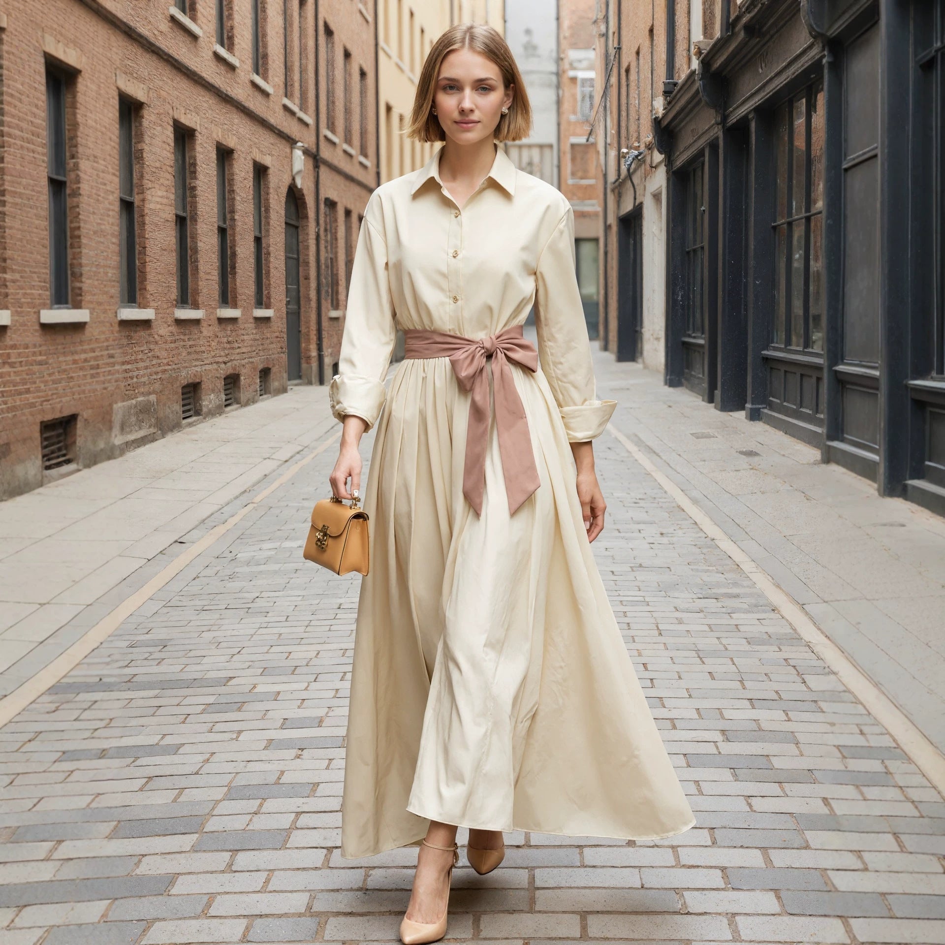 Long sleeved shirt collar solid color long skirt dress 