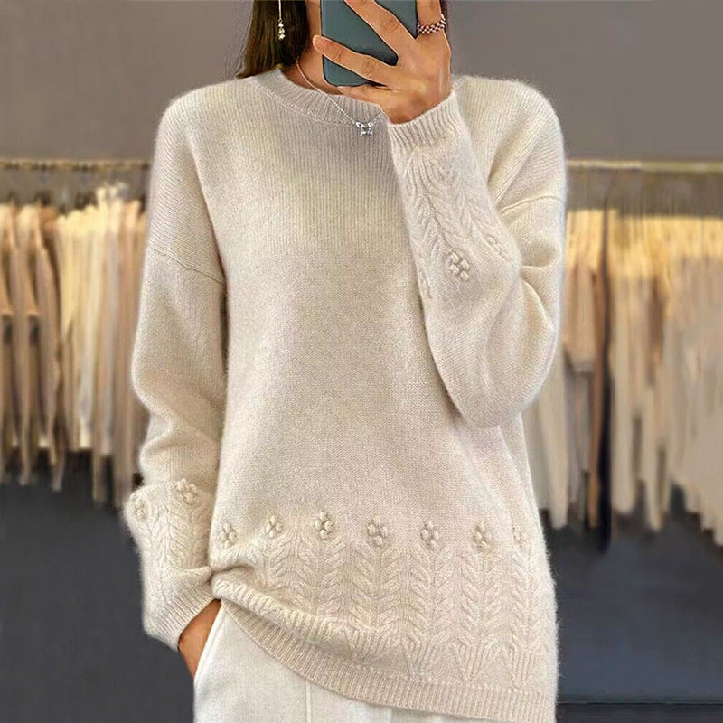 Women's Solid Color 3D Floral Embroidered Sweater, Loose Round Neck Long Sleeve Pullover For Autumn & Winter CJ US