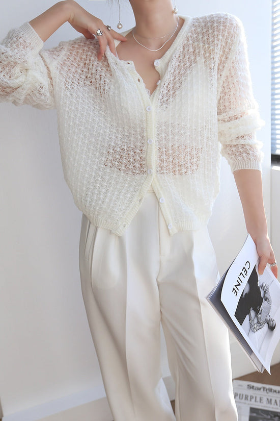 Mohair Crochet Hollow Knit Cardigan Sweater CJ
