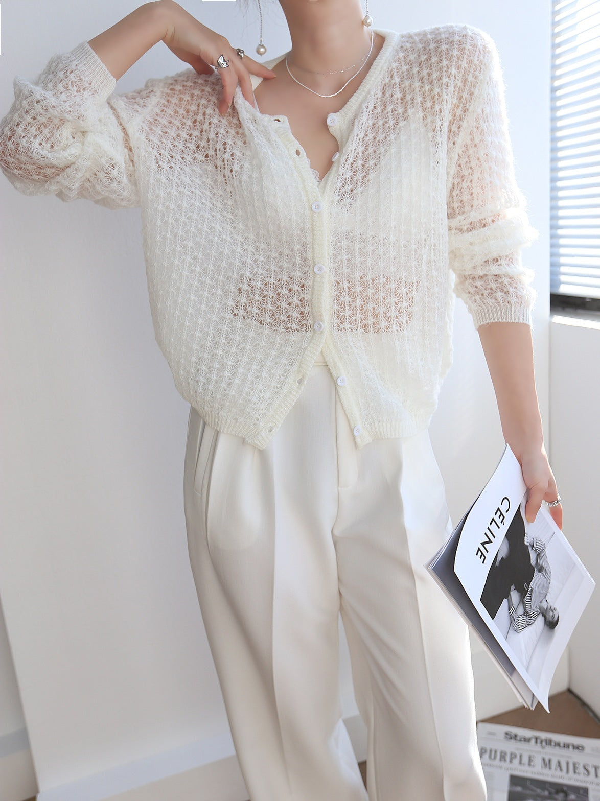 Mohair Crochet Hollow Knit Cardigan Sweater CJ