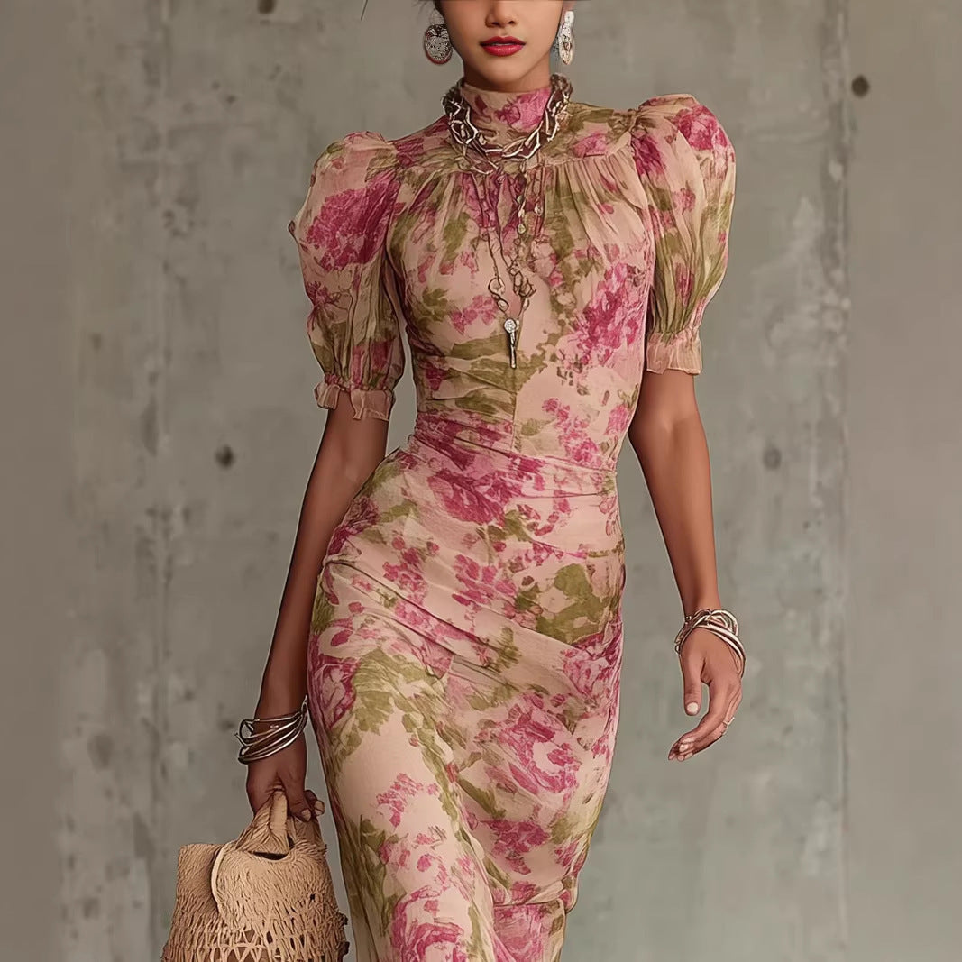 Bubble sleeve printed slim fit long skirt 