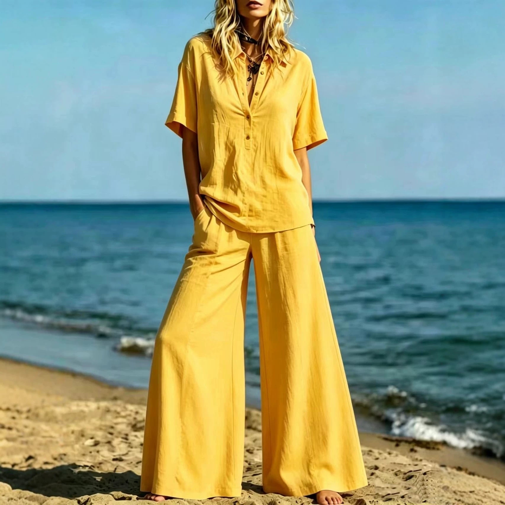 Button-down Shirt And Wide-leg Pants Two-piece Set For Women 