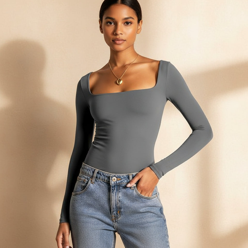 Square Neck Milk Silk Pullover Long Sleeves 