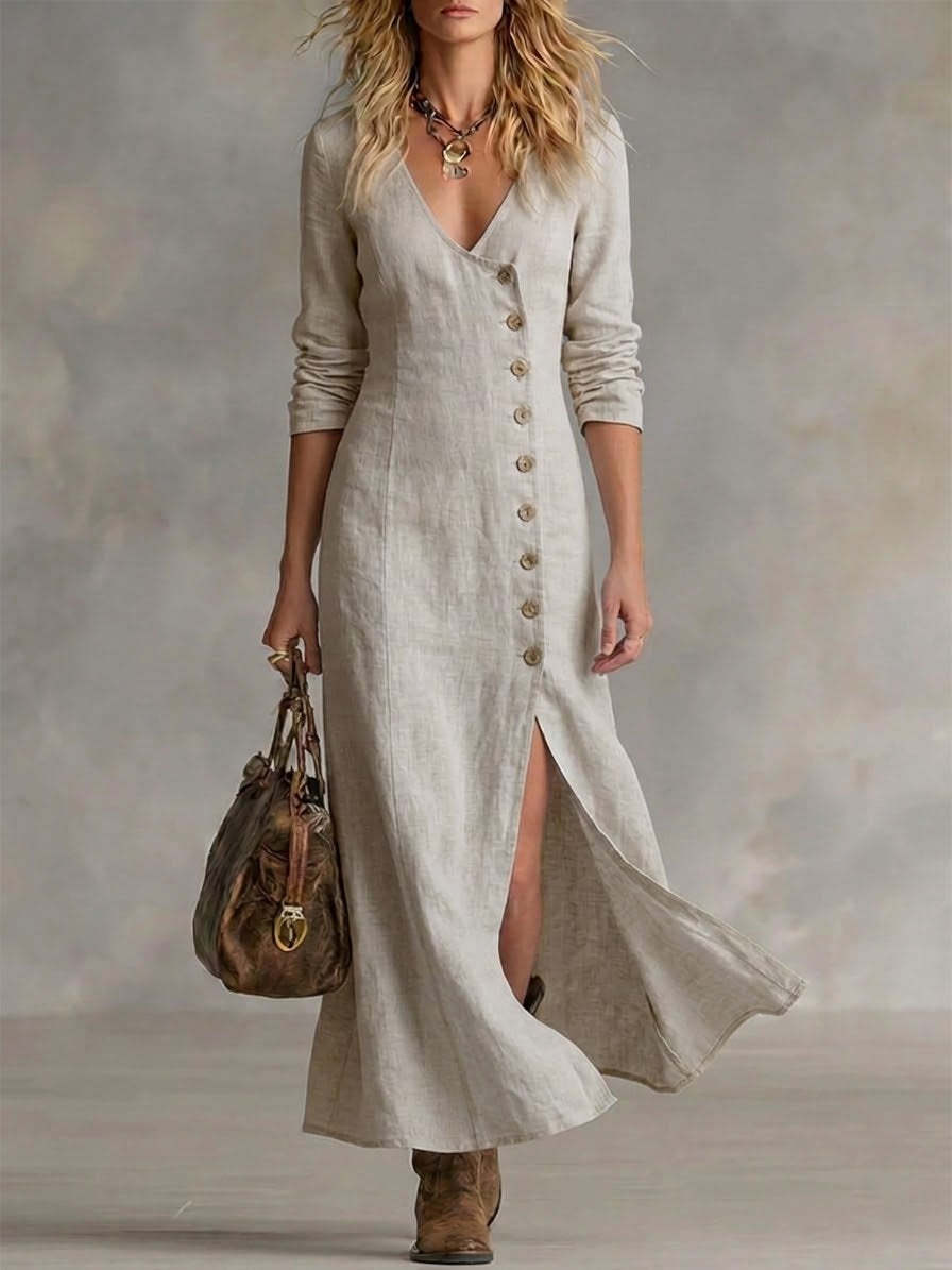 Fashionable Casual Cotton-Linen Long-Sleeve Womens Dress 