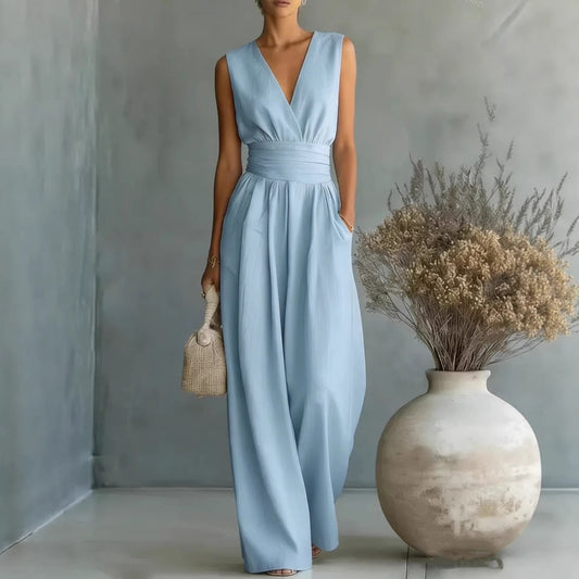 Womens Elegant Sleeveless Waist-Cinching V-Neck Sophisticated Jumpsuit 