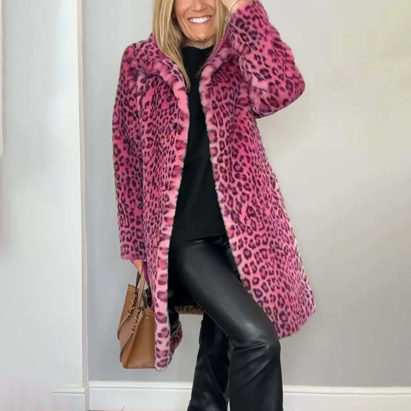 Women's Leopard Print Plush Jacket, Cozy Loose-Fit Warm Coat Elegant Medium-Length Fall Winter Outwear