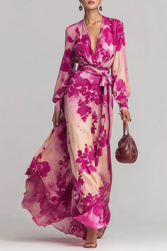 Printed Chiffon Long Sleeve V-Neck Tie-Up Dress Elegant Chic Spring New Long Dress 