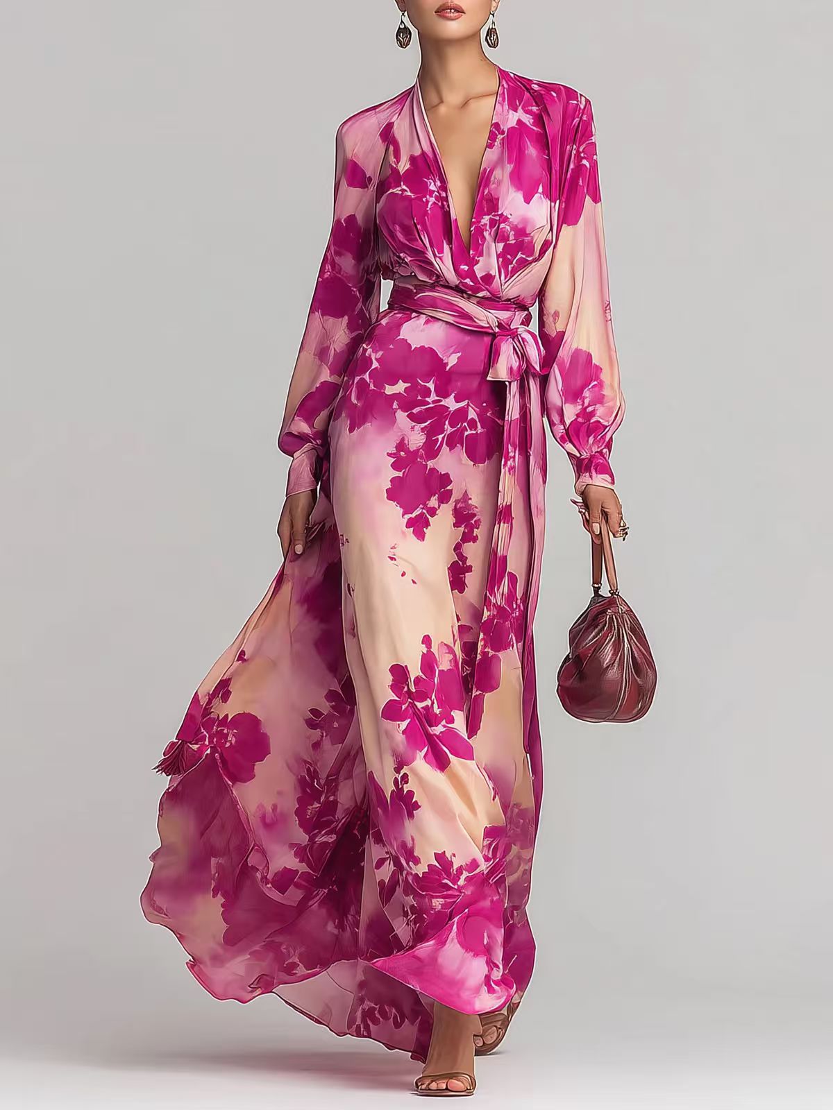 Printed Chiffon Long Sleeve V-Neck Tie-Up Dress Elegant Chic Spring New Long Dress 