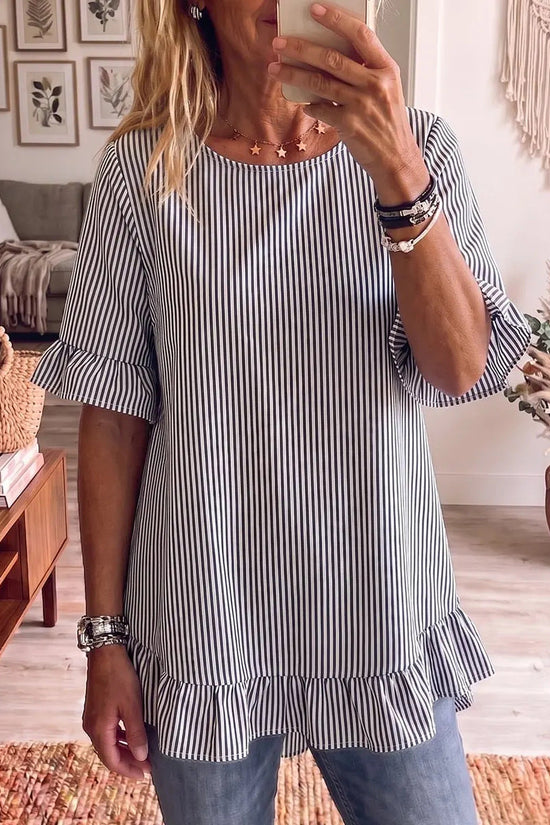 Womens Striped Loose-fit Casual Ruffled-edge Blouse 