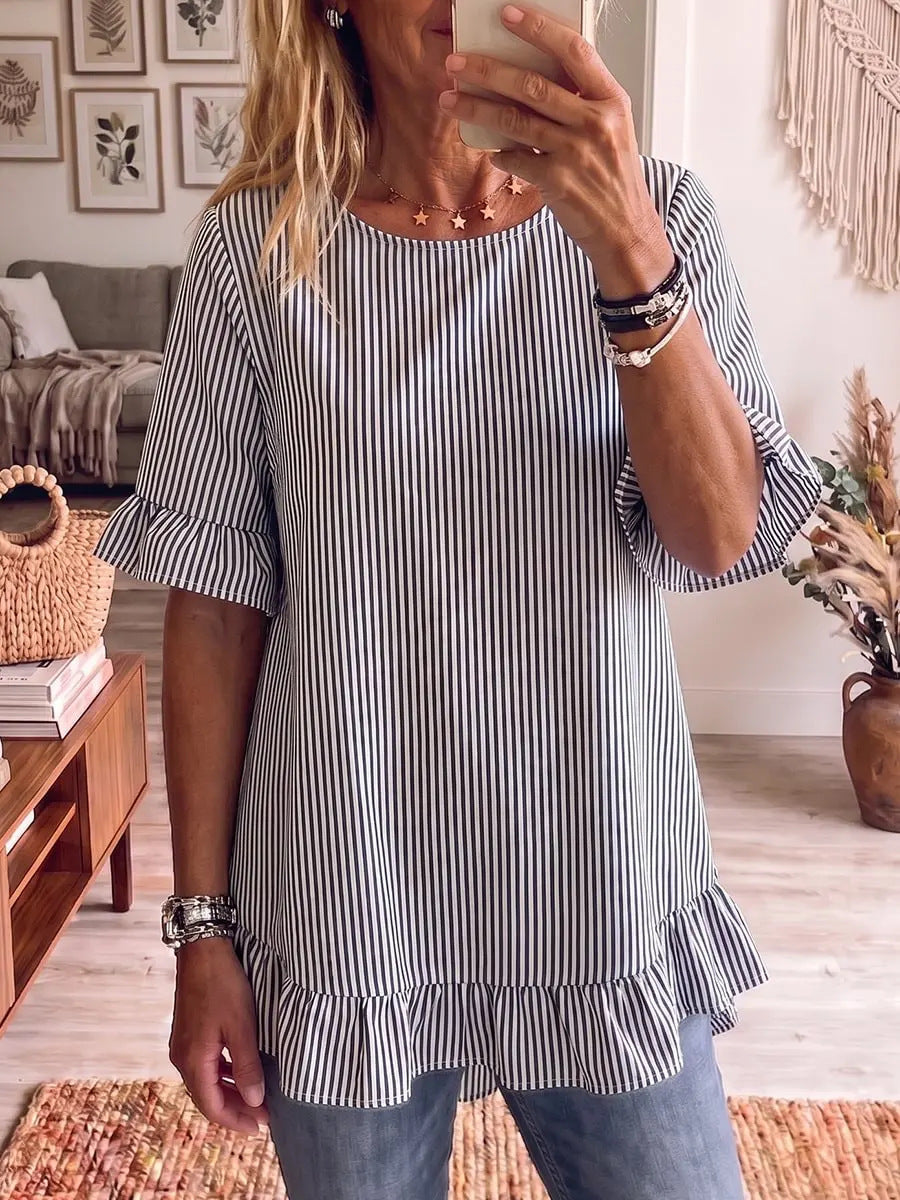 Womens Striped Loose-fit Casual Ruffled-edge Blouse 