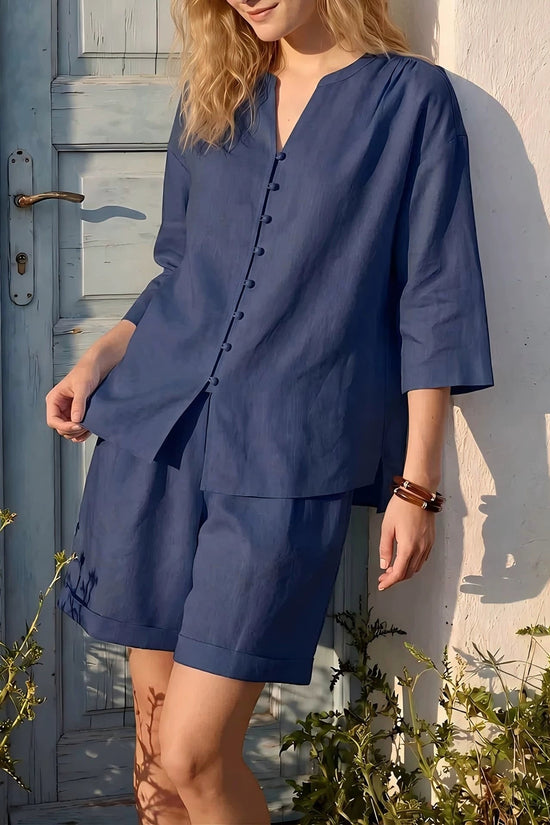 Womens V-neck Top And High-Waist Wide-Leg Shorts Set 