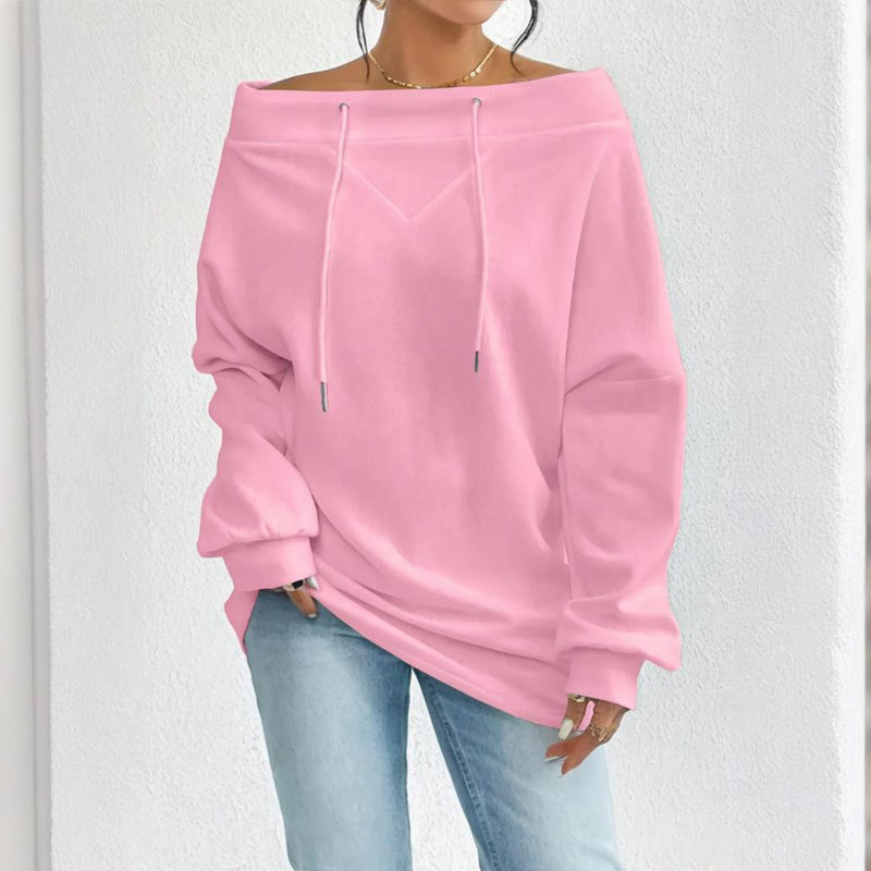 Plus Size Women's Solid Color Off-Shoulder Long Sleeve Pullover With Drawstring - Casual Ribbed Detail Top For Spring&Fall CJ US