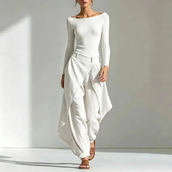 Women's Off-Shoulder Slim Top & Draped Wide Leg Pants Two-Piece Set 