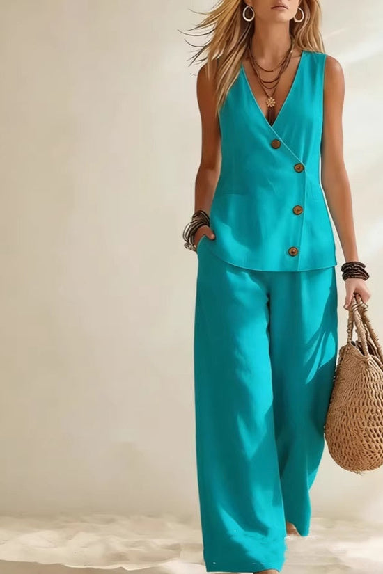 Women's Button Up Cardigan Vest Pants Set 