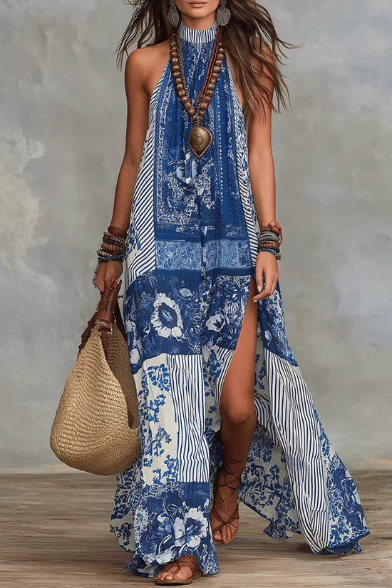 Loose-fit Printed Halterneck Split Dress 