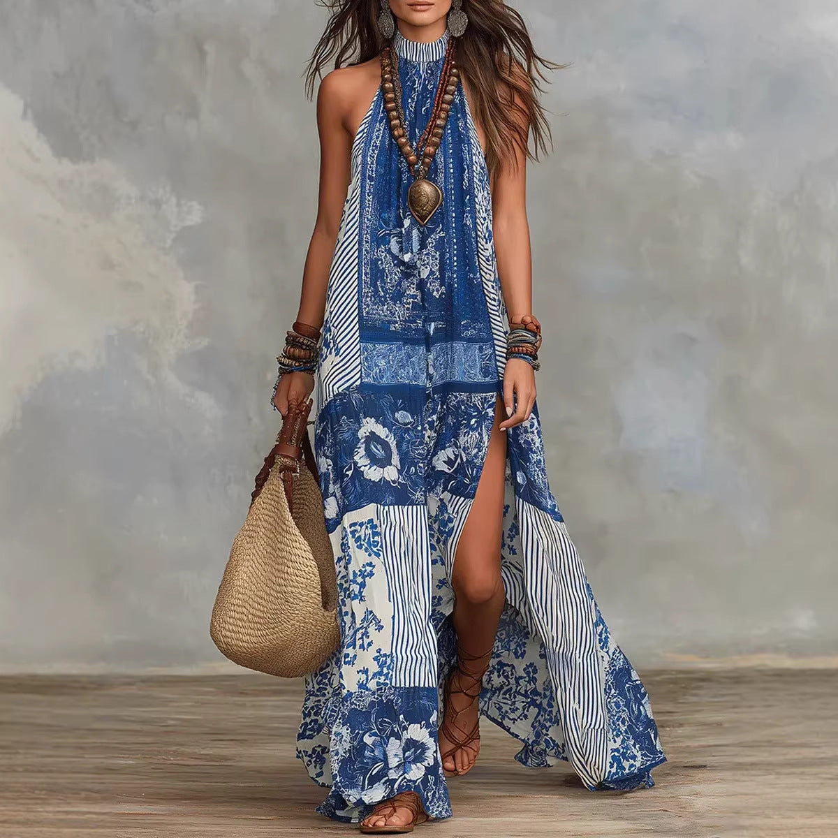 Loose-fit Printed Halterneck Split Dress 
